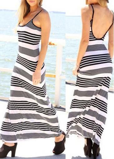 Rosewe Open Back Strappy Black And White Striped Maxi Dress