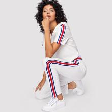 Shein Contrast Tape Tassel Drawstring Hooded Top & Pants Set