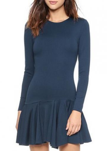Rosewe Simple Round Neck Long Sleeve Mini Dress Navy Blue