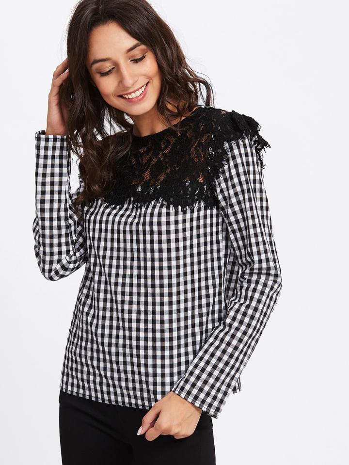 Shein Eyelet Lace Applique Gingham Top