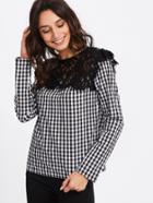 Shein Eyelet Lace Applique Gingham Top