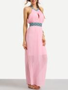 Shein Tribal Tape Embellished Pleated Halter Dress - Light Pink
