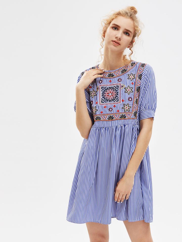 Shein Vertical Striped Aztec Embroidered Smock Dress