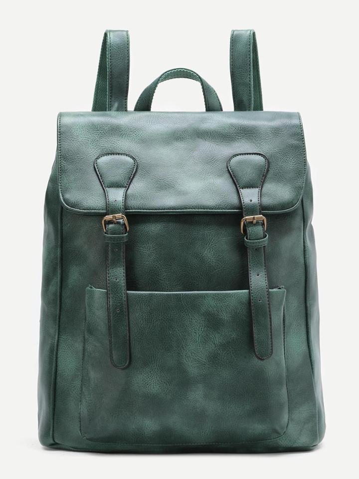 Shein Green Double Buckle Zipper Detail Pu Backpack