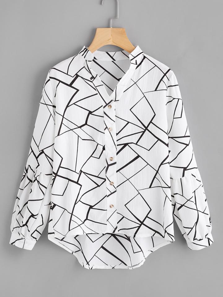 Shein Abstract Print Lantern Sleeve Dip Hem Blouse