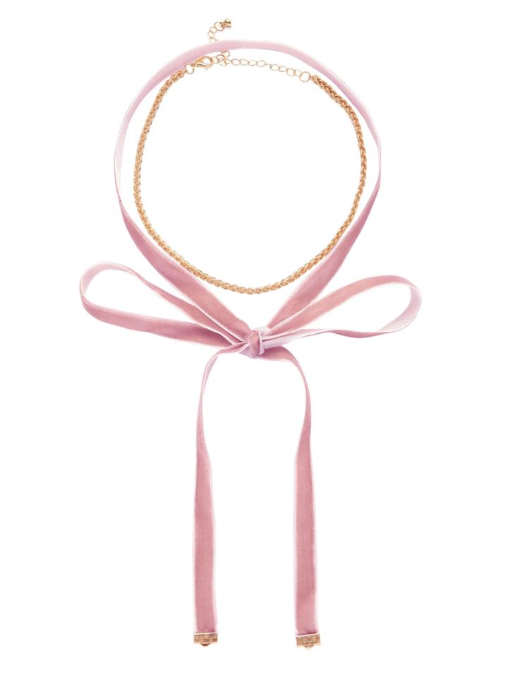 Shein Pink Knotted Velvet Choker With Gold Chain
