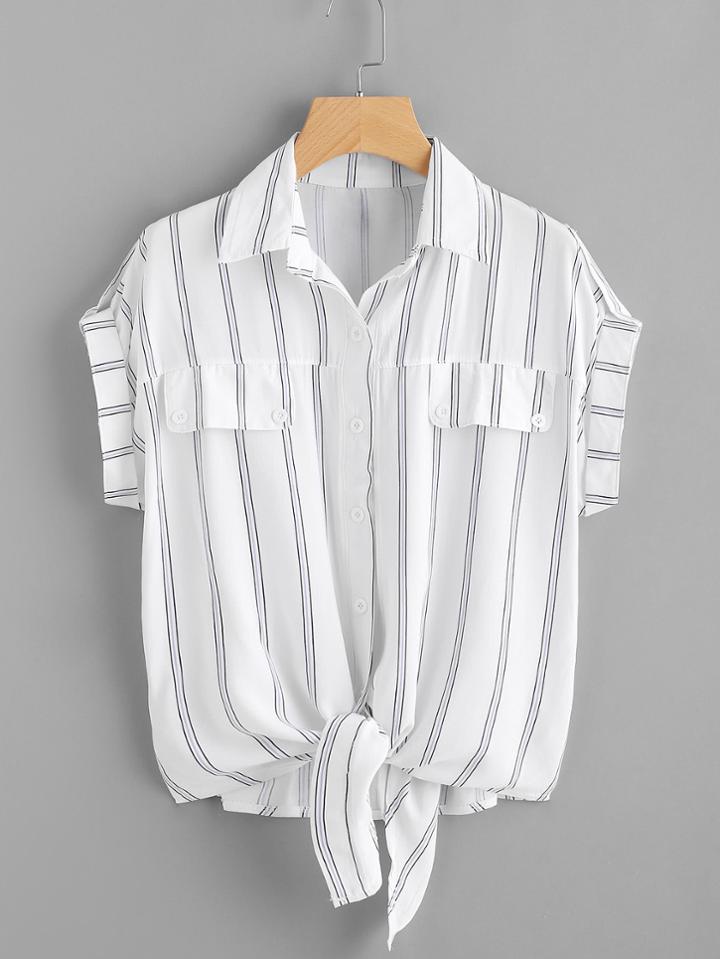 Shein Roll-up Sleeve Knotted Hem Striped Shirt