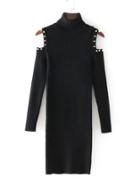 Shein Studded Cold Shoulder Rib Knit Turtleneck Dress