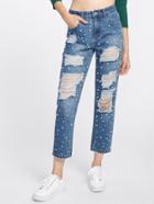 Shein Pearl Beading Distressed Jeans