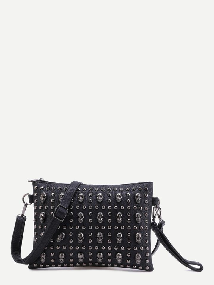 Shein Black Metal Skull Pebbled Pu Studded Crossbody Bag