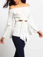 Shein White Off Shoulder Bell Sleeve Bow Front Blouse