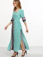 Shein Vintage Print Elbow Sleeve Split Side Maxi Dress