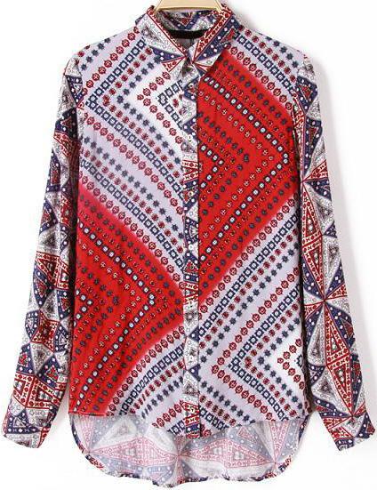 Shein Red Long Sleeve Geometric Print Dipped Hem Blouse