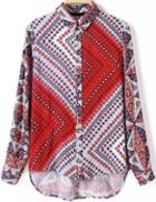 Shein Red Long Sleeve Geometric Print Dipped Hem Blouse