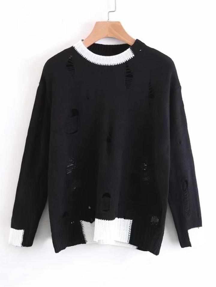 Shein Contrast Trim Ripped Sweater