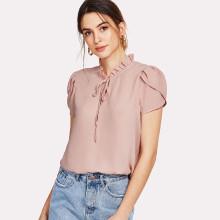 Shein Frill Trim Tie Neck Petal Sleeve Top