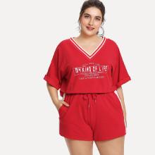 Shein Plus V Neckline Letter Print Top With Shorts