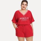 Shein Plus V Neckline Letter Print Top With Shorts