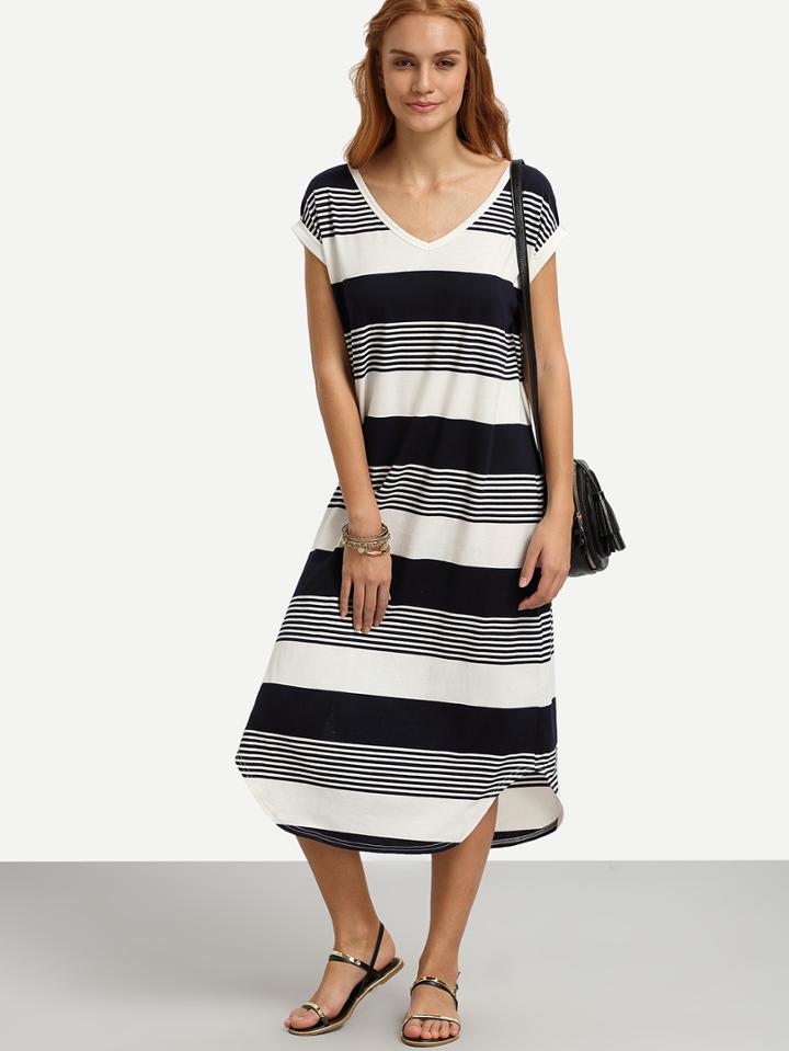 Shein Black White Striped V Neck Shift Dress