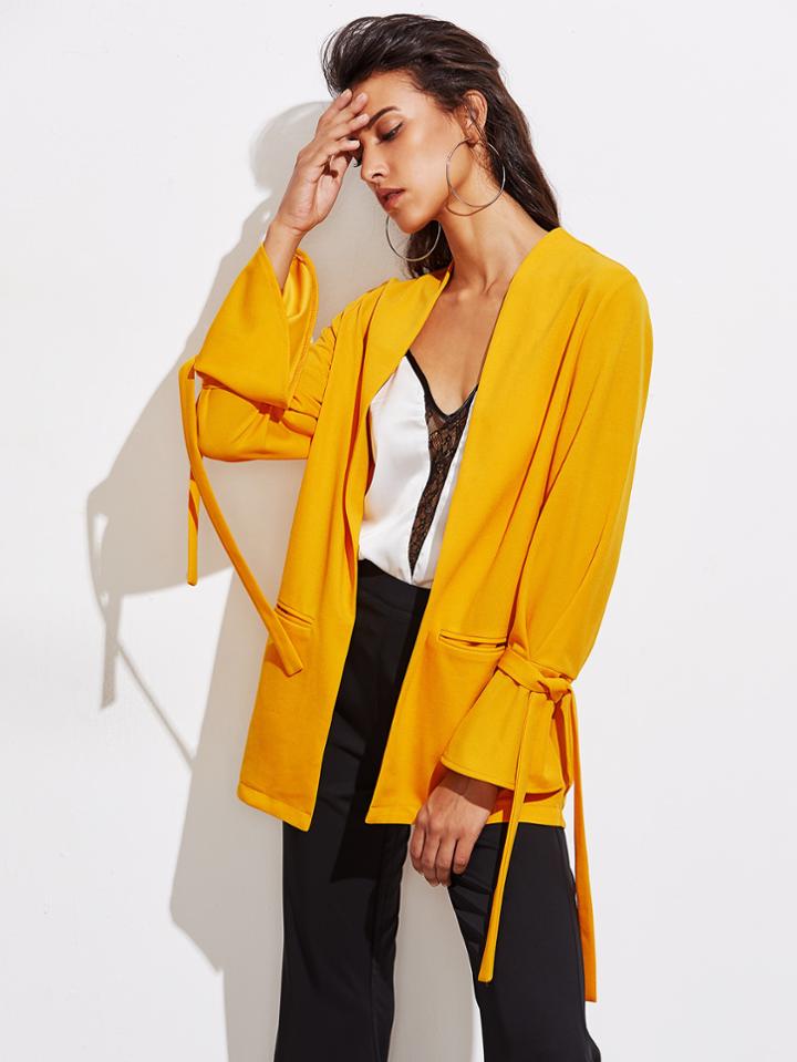 Shein Tied Bell Cuff Welt Pocket Jersey Blazer