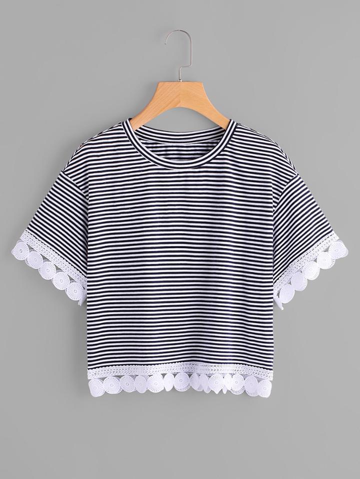 Shein Crochet Trim Striped Tee