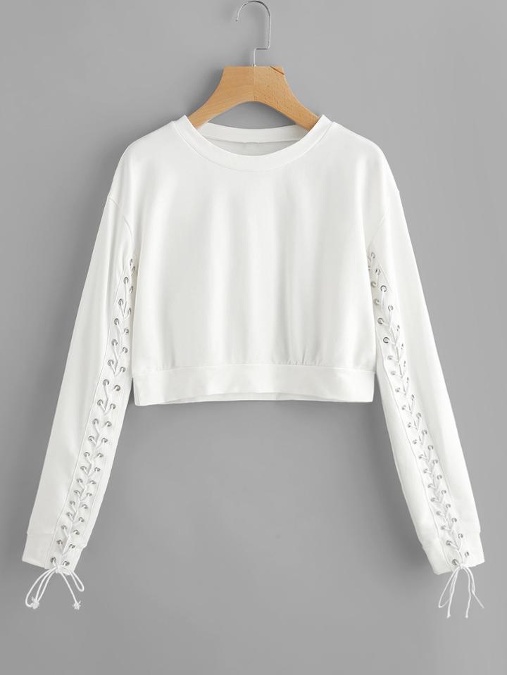 Shein Grommet Lace Up Sleeve Crop Sweatshirt