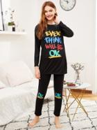 Shein Letter Print Longline Tee & Pants Pj Set