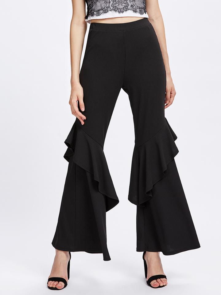 Shein Flounce Trim Ribbed Flare Pants