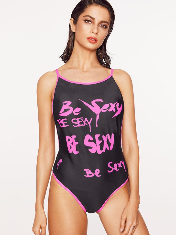 Shein Black Letter Print Contrast Trim One-piece Swimwear