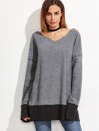 Shein Heather Grey V Neck Contrast Trim Slit Sweatshirt