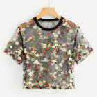 Shein Sheer Mesh Floral Embroidered Crop Top
