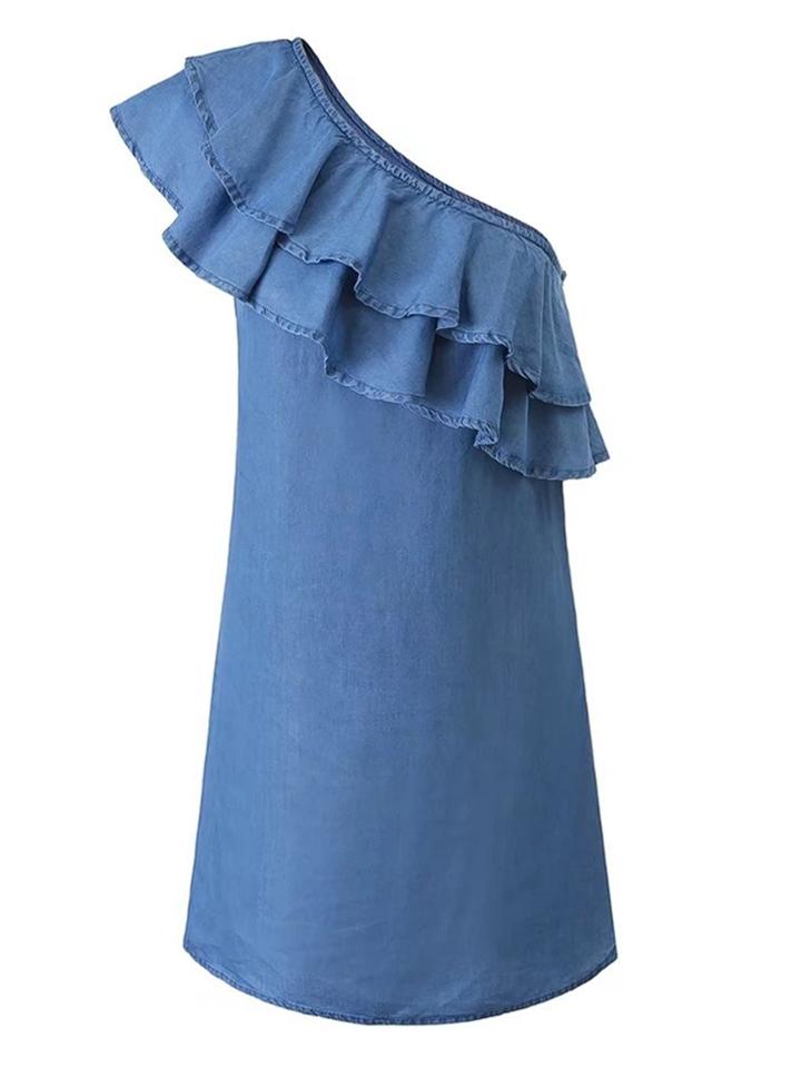 Shein Oblique Shoulder Layered Ruffle Denim Dress