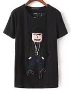 Shein Black Cartoon Embroidery Decorated T-shirt