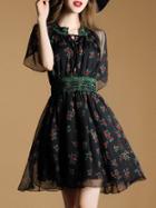 Shein Black Tie Neck Sheer Print Dress