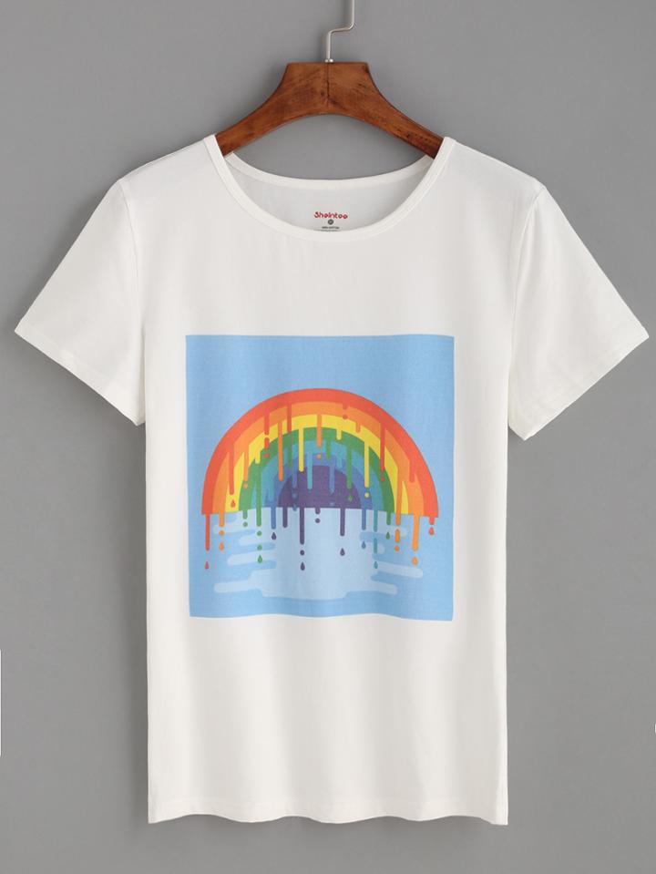 Shein White Rainbow Print T-shirt