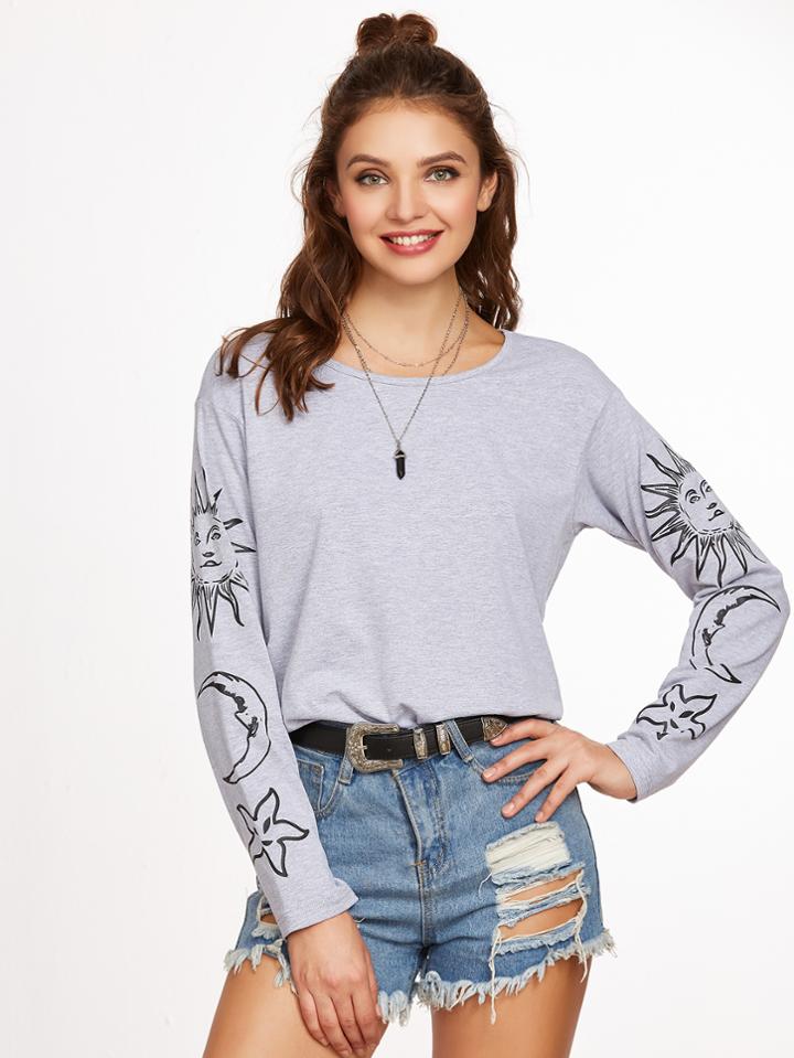 Shein Heather Grey Vintage Print Drop Shoulder T-shirt