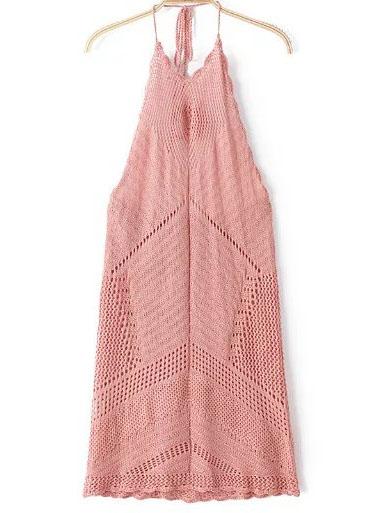 Shein Pink Tassels Hollow Backless Halter Dress