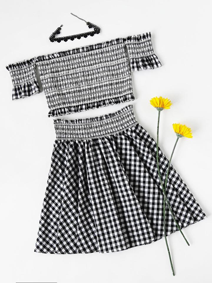 Shein Frilled Embroidered Smocked Bardot Top And Skirt Set