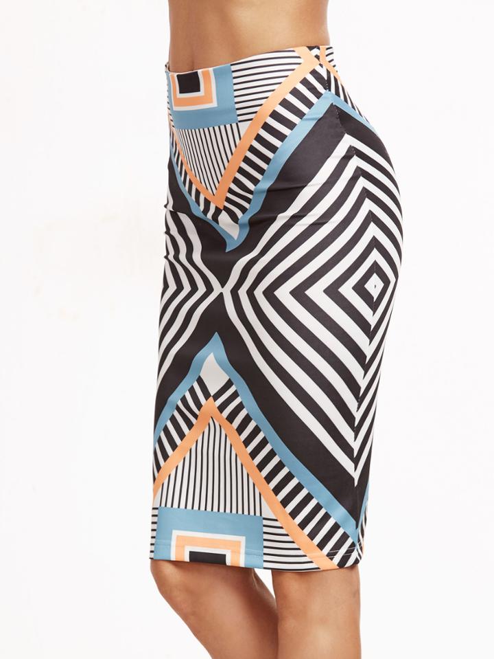 Shein Geometric Print Slit Back Pencil Skirt