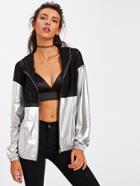Shein Mesh Panel Two Tone Metallic Hooded Jacket
