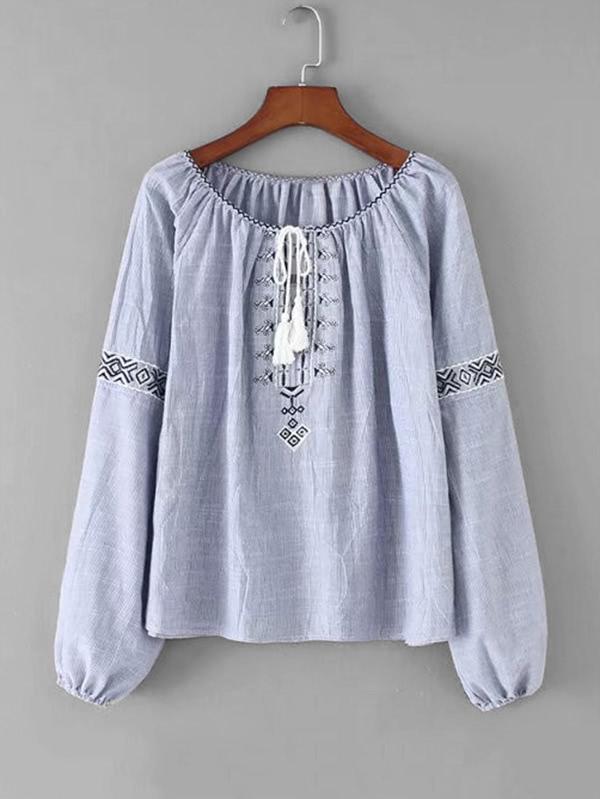 Shein Tassel Tie Vertical Striped Blouse
