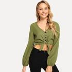 Shein Lantern Sleeve Knot Buttoned Blouse