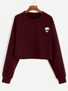 Shein Burgundy Alien Embroidered Crop Sweatshirt