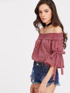Shein Bardot Checked Bow Tie Bell Sleeve Smock Top