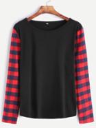 Shein Black Contrast Plaid Sleeve T-shirt
