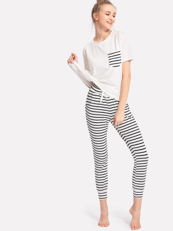 Shein Patch Pocket Tee And Striped Pants Pj Set