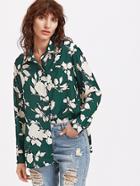 Shein Green Flower Print High Low Curved Blouse