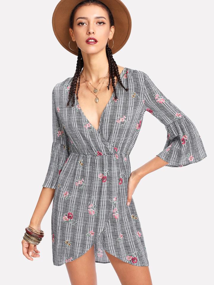 Shein Trumpet Sleeve Floral & Plaid Wrap Dress