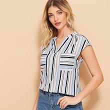 Shein Striped Pocket V Neck Blouse
