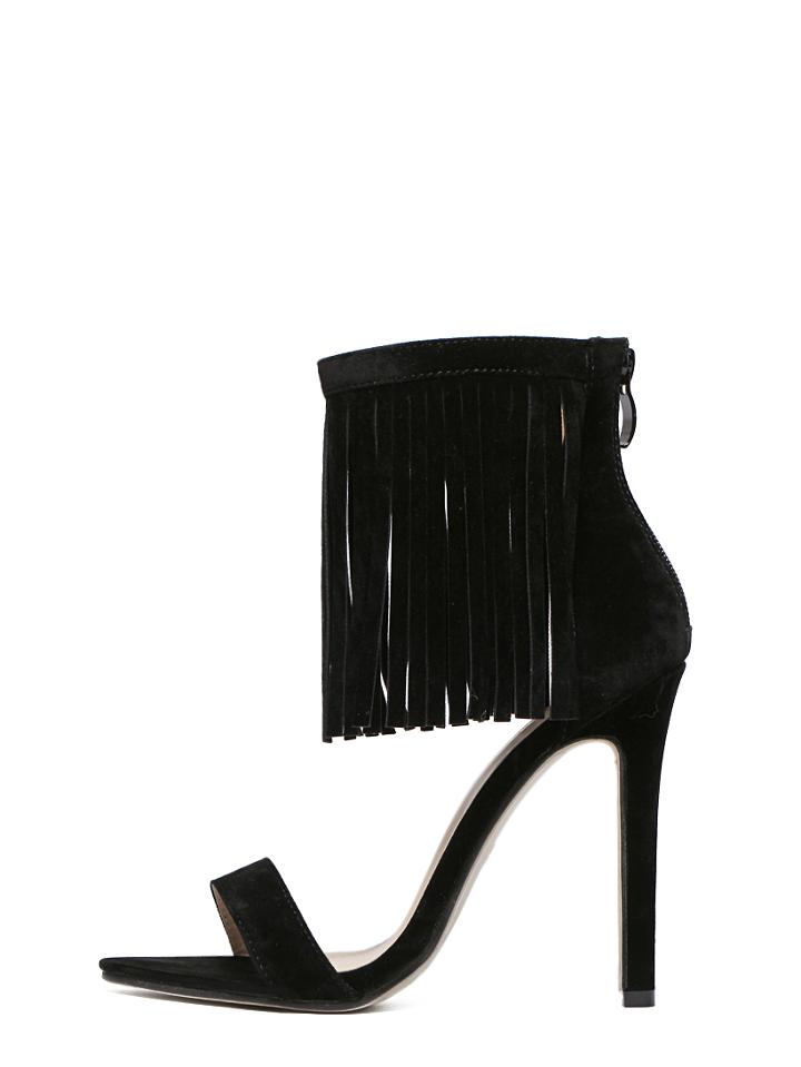 Shein Black Faux Suede Ankle Fringe Heeled Sandals